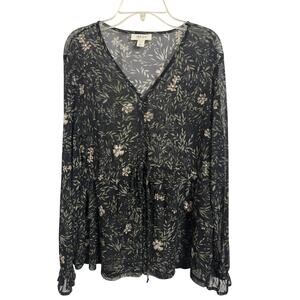 Sheer Black Floral V-Neck Long Sleeve Top Size Small Dark Romance Fairy Grunge